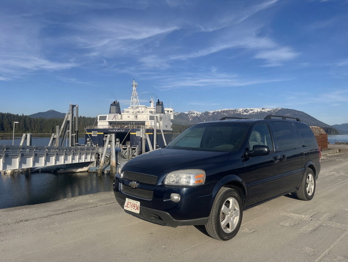 Ferry arrival with Angoon Taxi van on Admiralty Island
